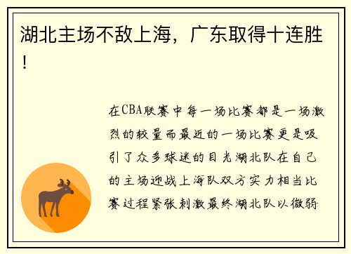 湖北主场不敌上海，广东取得十连胜！